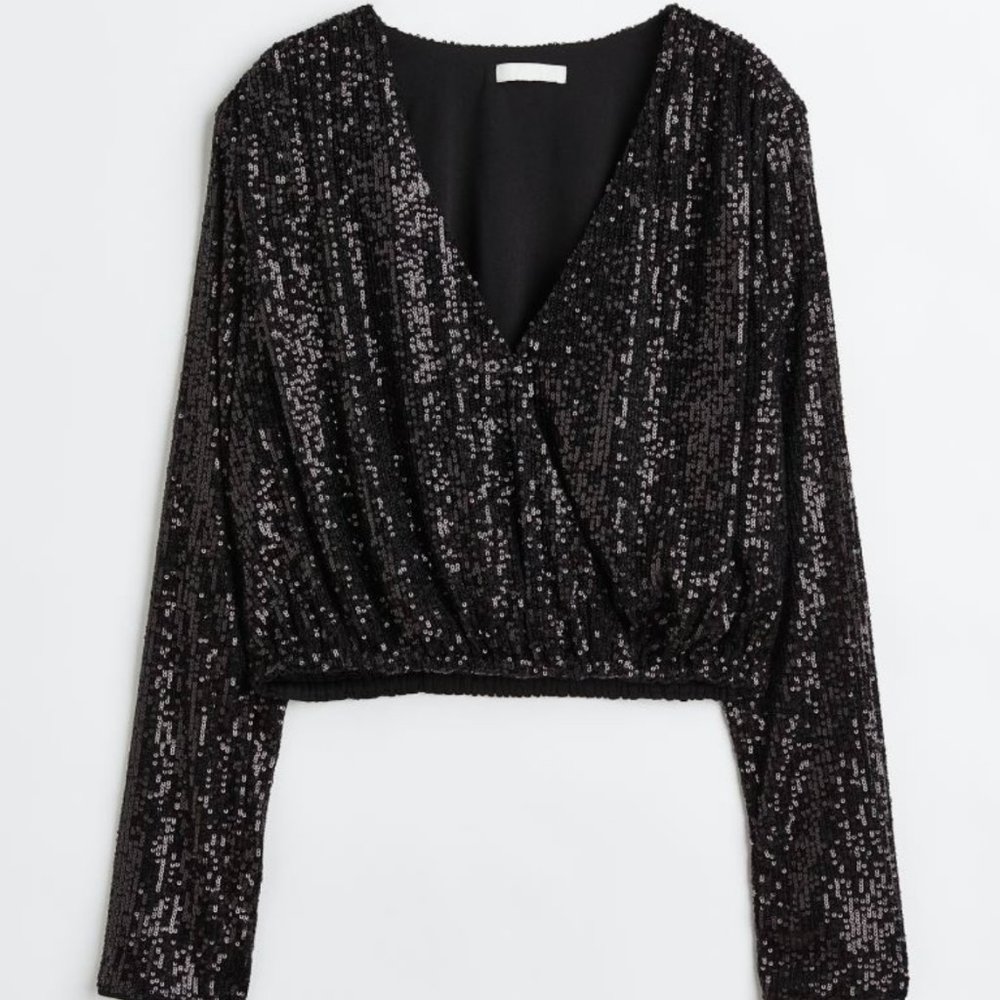 Black Sequined Wrapover Blouse